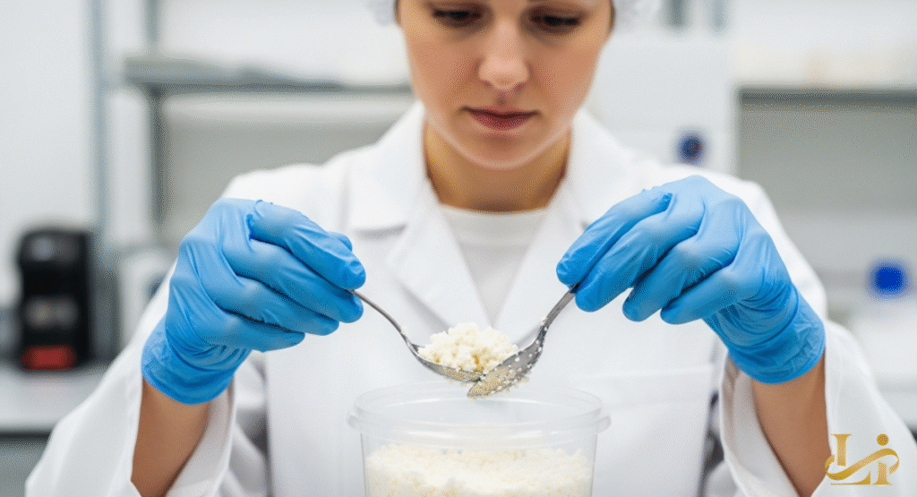 A laboratory technician in gloves and a hairnet carefully inspects a sample of cottage cheese with spoons. The focus is on the texture and quality of the dairy product within a clear container.