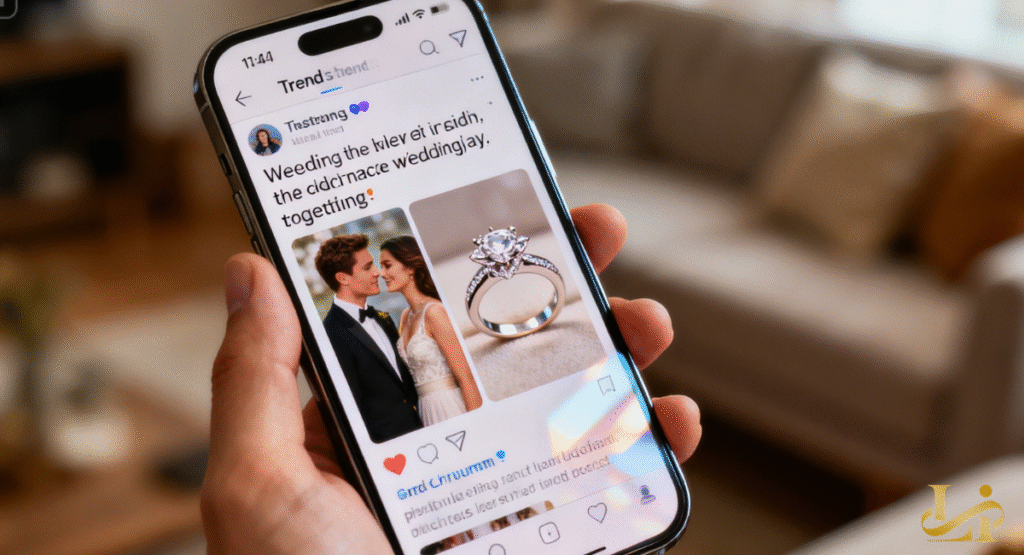A hand holds a smartphone displaying a social media post featuring a couple and a diamond engagement ring. The post includes text about "Wedding the kilev ei ir sidh," sparking marriage rumors.