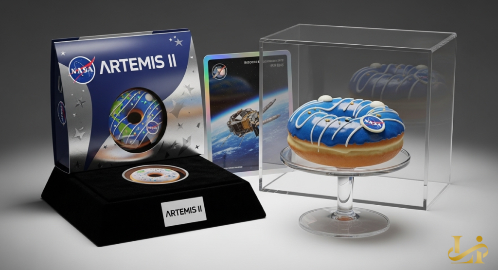 NASA Artemis II collectible doughnut displayed in a clear case next to branded packaging and a display stand.