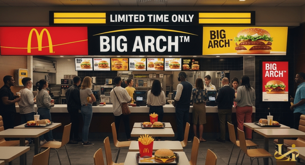 A bustling McDonald's restaurant interior with customers queuing at the counter. Large digital signs prominently announce "LIMITED TIME ONLY" and promote the "BIG ARCH™".
