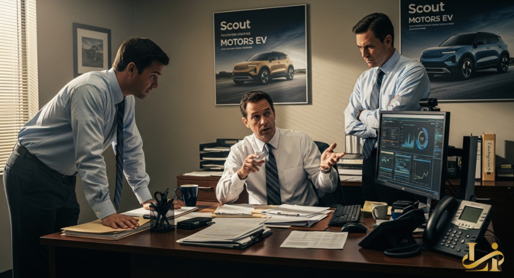 Three concerned businessmen in an office, discussing documents and financial charts on a computer screen. A poster for "Scout Motors EV" hangs in the background, underscoring their concern about direct sales.