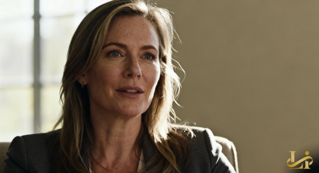 A middle-aged woman with blonde hair and a thoughtful expression is seen in a sunlit room. Her calm demeanor suggests she is engaged in a serious conversation or interview.