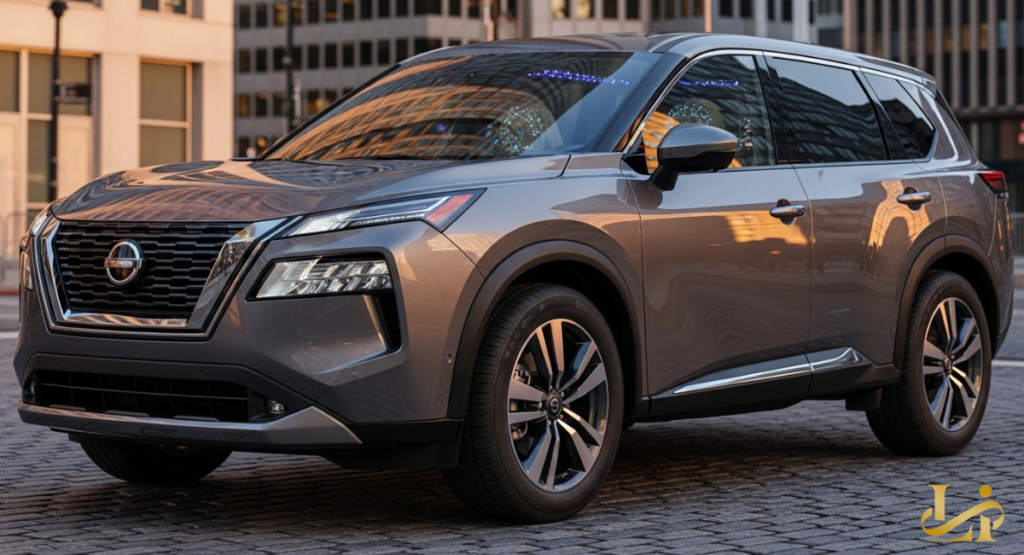 Gray Nissan SUV angled on cobblestone with office towers reflected in its windows, chrome V-motion grille and LED headlights catching the golden hour glow. Caption