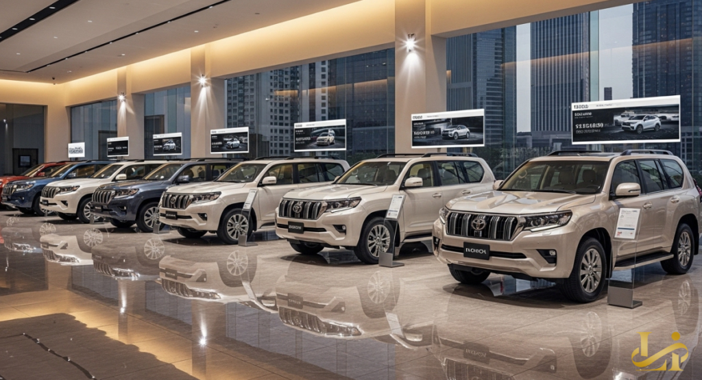 A wide-angle view of a modern Toyota dealership showroom featuring several Land Cruiser models in different colors.