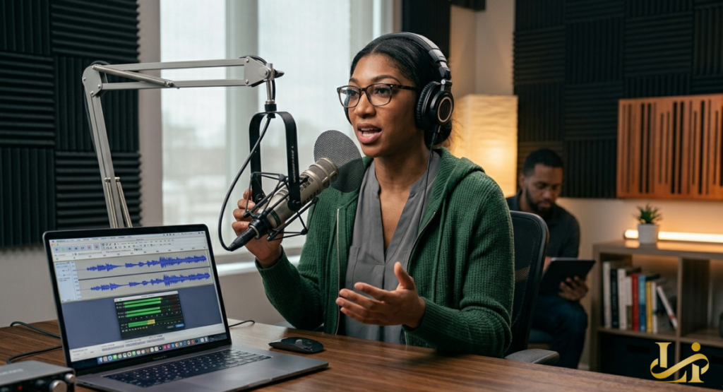A professional podcast studio setup featuring high-end microphones, soundproofing foam, and vibrant purple neon lighting. A large digital screen in the background displays a bold show title with stylized graphics.