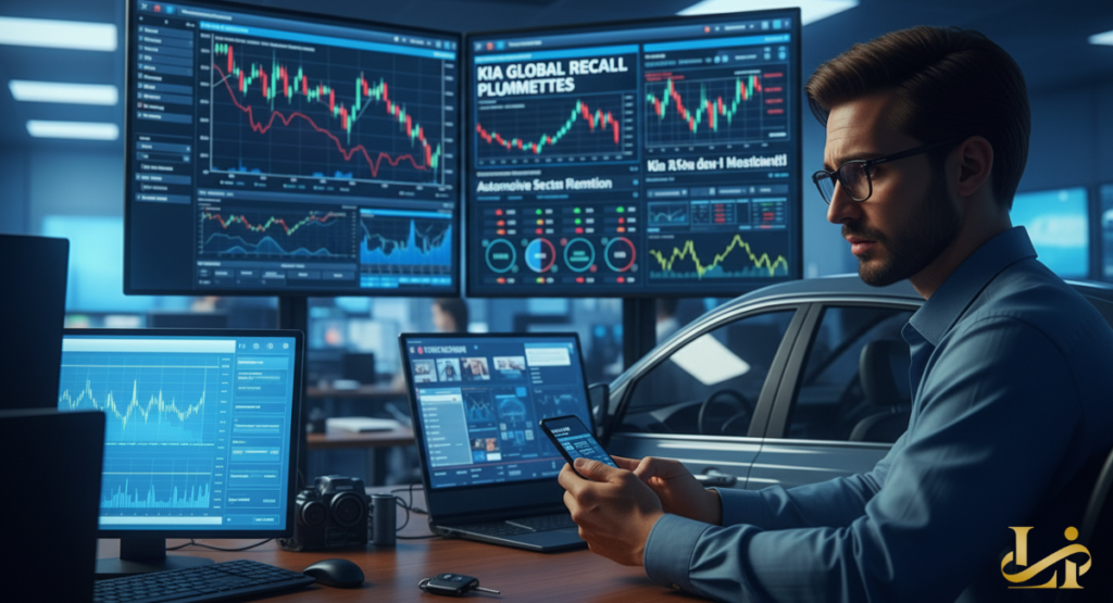 An analyst monitors six screens showing stock charts, recall headlines, and automotive sector metrics in a blue-lit office.