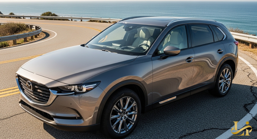 Metallic gray Mazda SUV rounding a curved oceanside highway, sunlight glinting off its long hood and signature grille.
