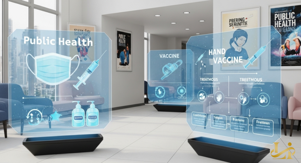 Transparent displays in a lobby show icons for masks, sanitizer, and vaccines. Posters on the walls promote public health campaigns and safety guidance.