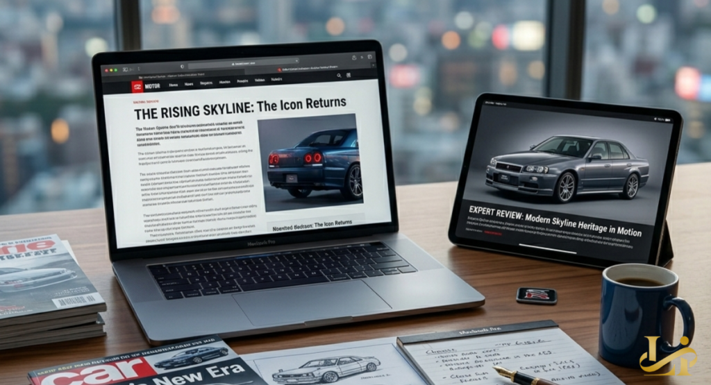 A laptop and tablet on a wooden desk displaying automotive news articles about the return of a Japanese icon.