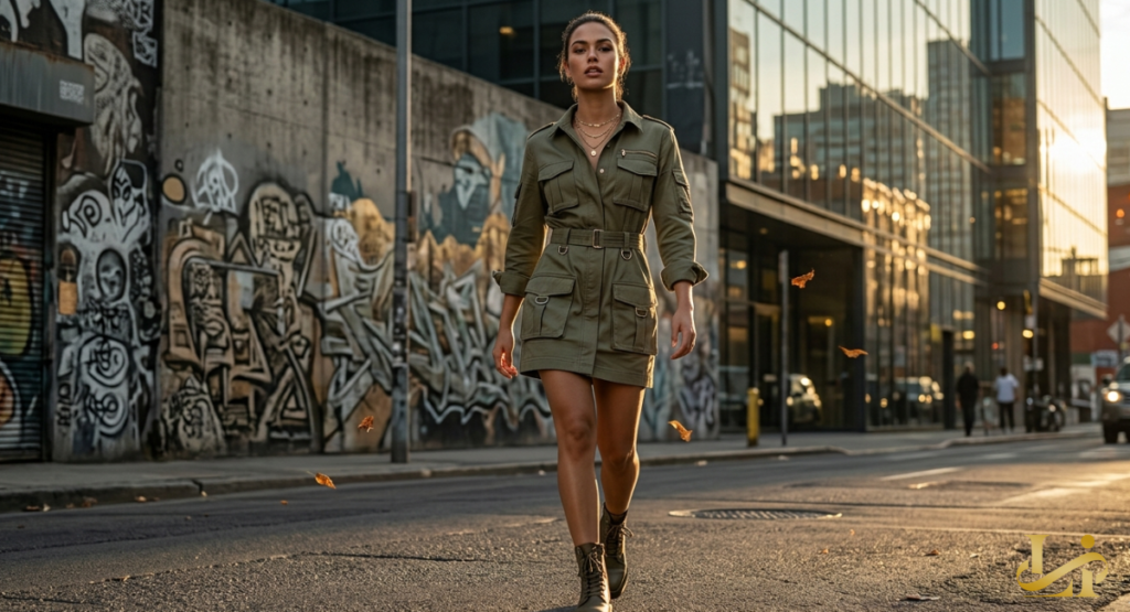 A modern reimagining of a cargo-style minidress featuring large flap pockets and a structured, boxy fit.