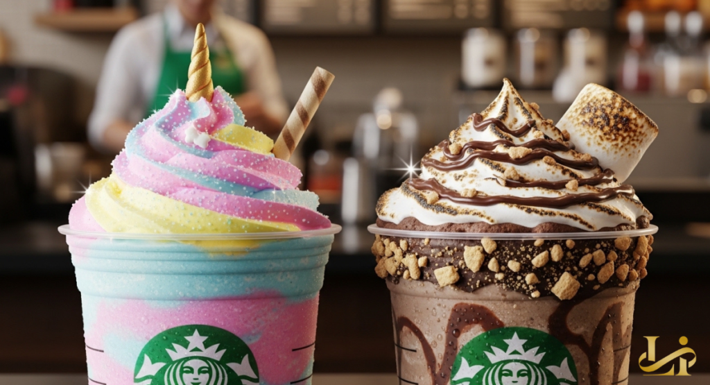 A colorful swirl drink topped with a golden horn sits next to a chocolatey Unicorn Frappuccino-inspired companion.