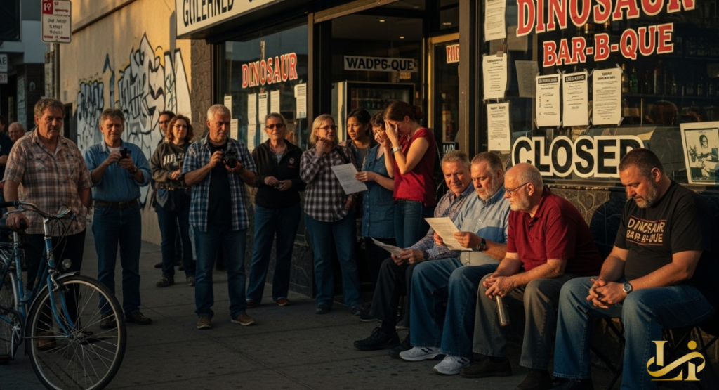 Locals gather on the sidewalk outside the shuttered restaurant, holding papers and wearing branded shirts while notices cover the windows.