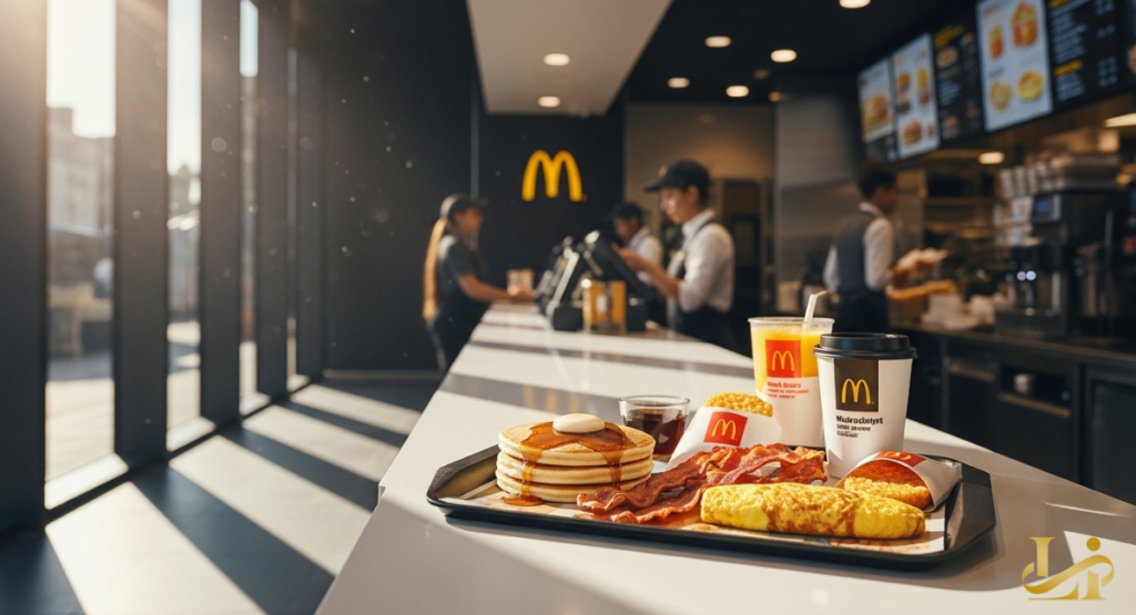 A top-down view of a hand holding a hot McCafé cup next to a white paper bag on a rustic wooden table. A few golden hash browns peek out from their wrapper, and a pair of sunglasses lies nearby in the soft morning sunlight.