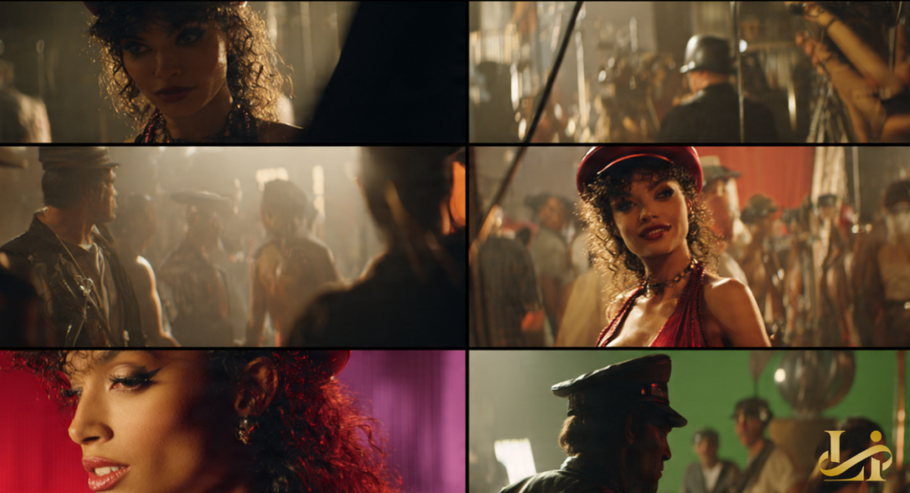 Six-frame collage from a smoky nightclub scene featuring a performer with voluminous curls. She appears in a red halter outfit and cap, surrounded by a crowd and uniformed figures.
