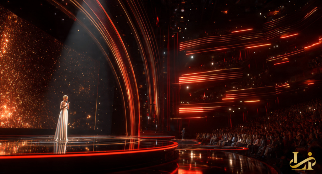 Actress in a flowing white gown stands under a spotlight on a grand stage with red neon arches, addressing a packed theater as golden sparks illuminate the backdrop.