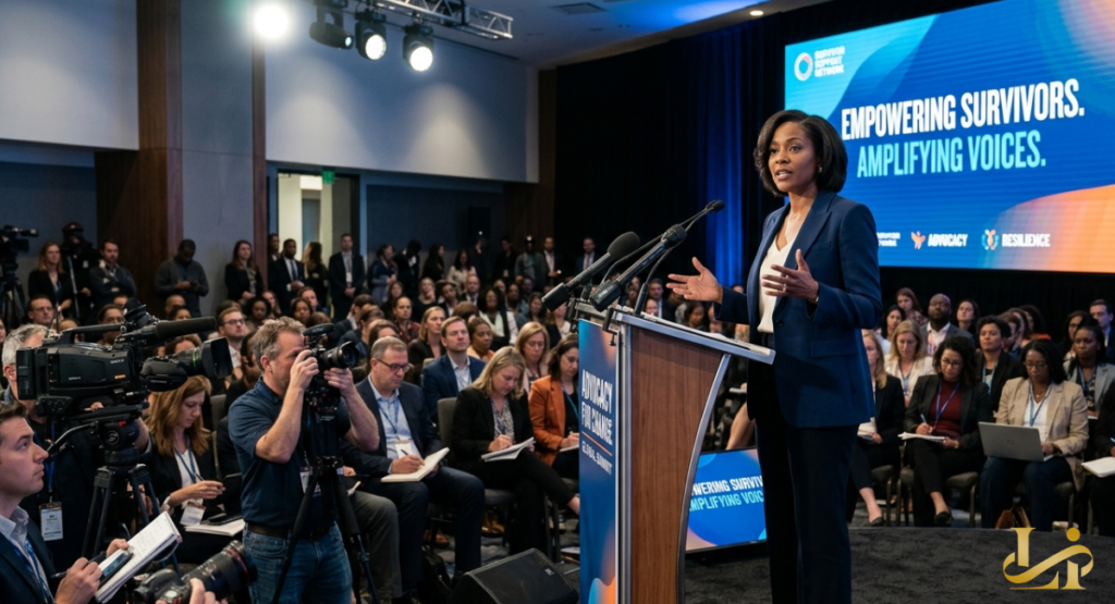 Advocate speaks at a podium labeled “Advocacy for Change” before a packed summit audience, with a screen behind her reading “Empowering Survivors. Amplifying Voices.”