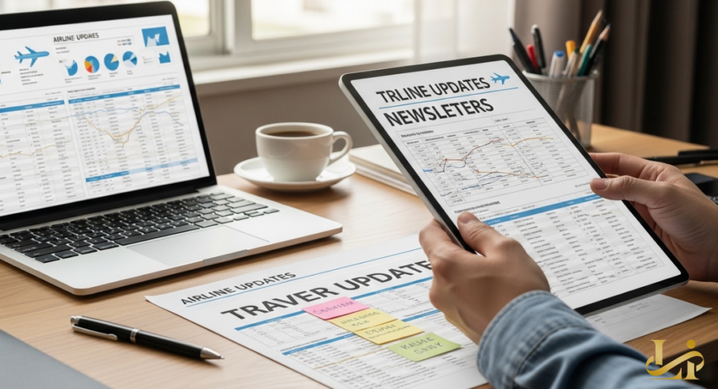 A person reviews airline updates and travel newsletters on a tablet and laptop to find information regarding recent flight schedules and passenger rights.