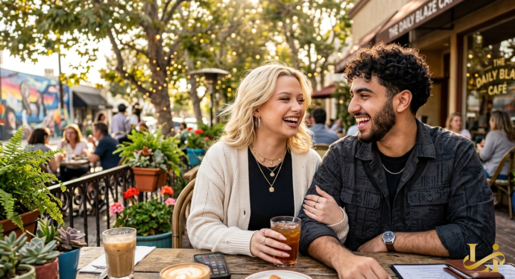 A blonde woman and a man with dark curly hair laugh together while sitting at an outdoor cafe table.