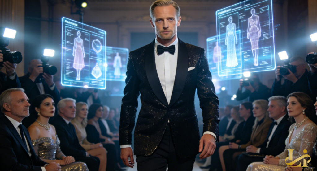 A blond man walks a runway in a glittering black tuxedo with satin lapels. Holographic dress schematics float around him as the front row watches.