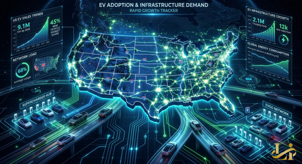 Digital US map showing EV adoption growth and Supercharger infrastructure demand hotspots. Charts track 9.1M projected EVs by 2028 and 2.1M charging ports needed nationwide.