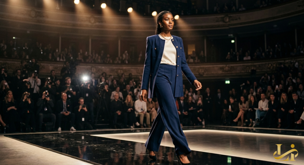 A dynamic shot of a tall, athletic woman walking down a brightly lit runway surrounded by photographers and spectators. She is wearing a striking, avant-garde outfit designed for a major annual fashion show.