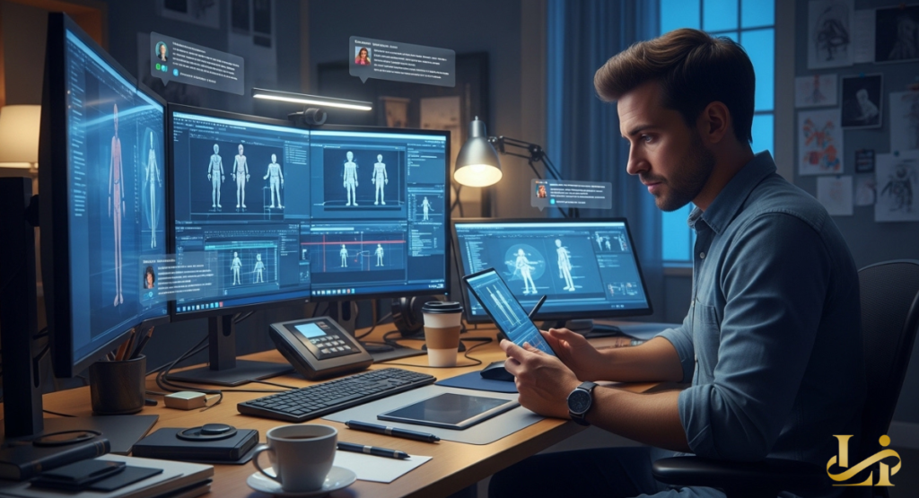 A male animator looking distressed while working at a multi-monitor setup with character wireframes.