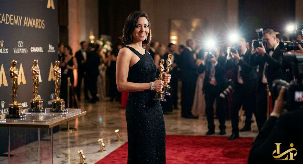 smiling woman in a black evening dress holding two gold statuettes while standing on a red carpet at a prestigious ceremony. Photographers and bright flashes fill the background behind her.