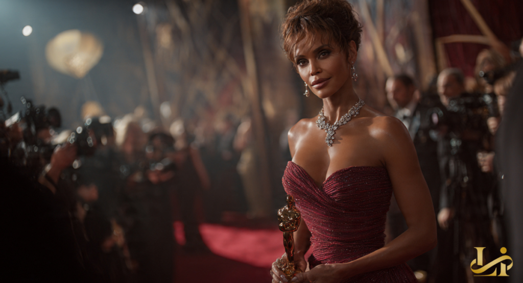 Glamorous figure in a strapless burgundy gown holds a gold statuette on a red carpet. A sparkling diamond necklace and updo complete the formal look amid flashing cameras.