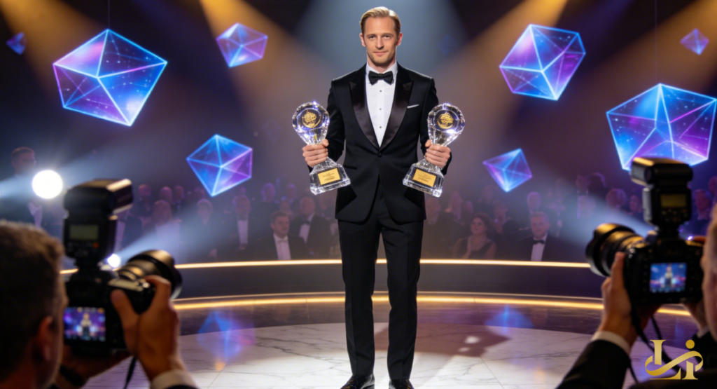 A blond actor in a tuxedo holds two crystal trophies on a lit stage. Floating neon prisms and photographers frame the celebratory moment.