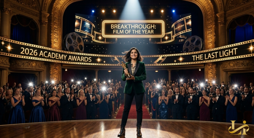 An award-winning filmmaker stands center stage at the 2026 Academy Awards holding a golden statuette.