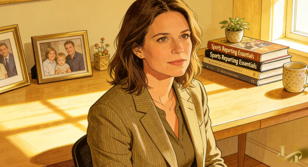 Dianna Russini in warm, illustrated portrait of a woman sitting at a sunlit wooden desk in a cozy home office. The desk is decorated with framed family photos, a small potted plant, and a stack of books titled "Sports Reporting Essentials."