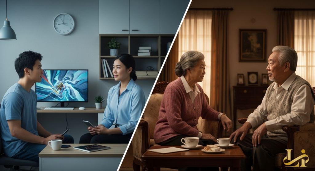 A split-screen shows a younger couple in a modern blue apartment on the left and an older couple in a traditional living room on the right. The contrast visualizes how Beef Season 2 explores generational conflict through cultural expectations, money, and communication styles.
