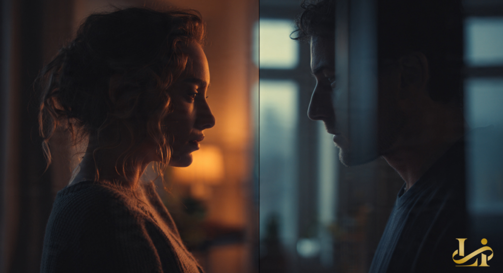 A split portrait shows a woman bathed in warm light on the left and a man in cool shadow on the right, separated by a vertical divide.