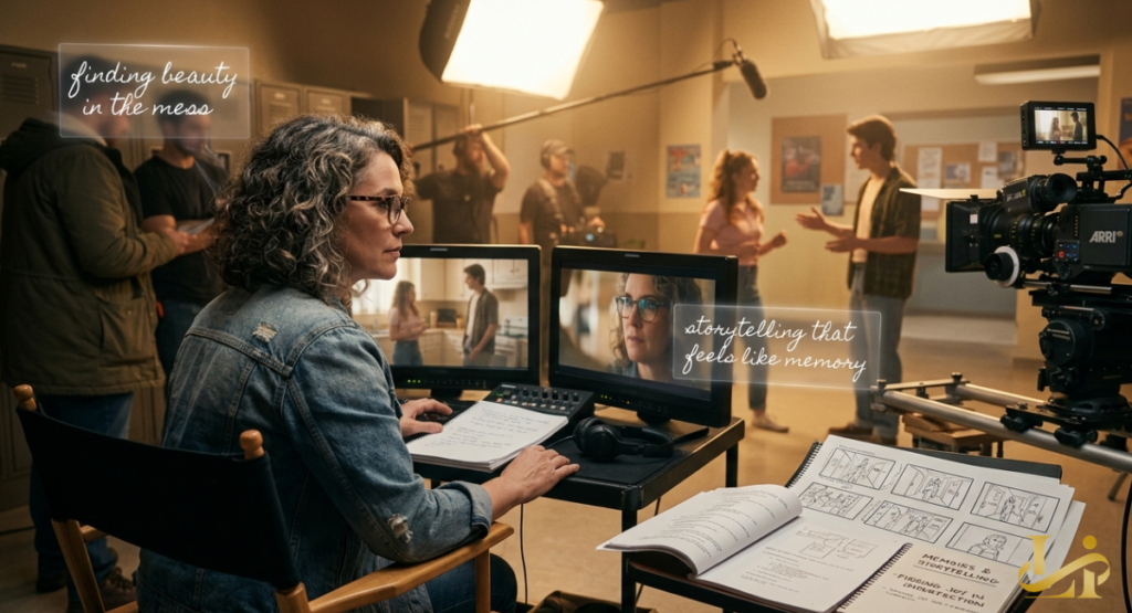 A director monitors a scene on two screens while sitting at a production desk with a detailed storyboard.