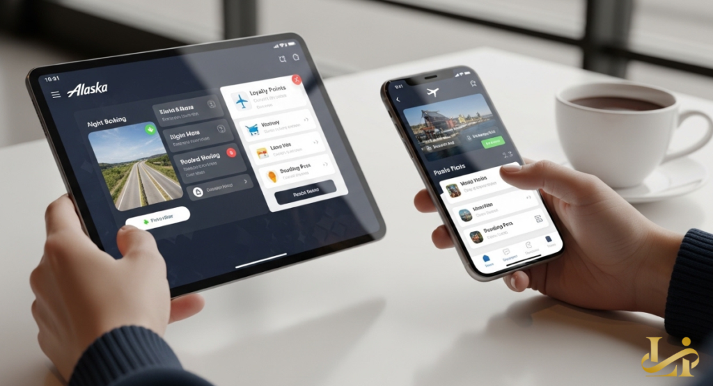 Hands hold a tablet and smartphone displaying the Alaska travel app interface. Booking tools, loyalty points, and trip details appear in a clean, card-based layout.