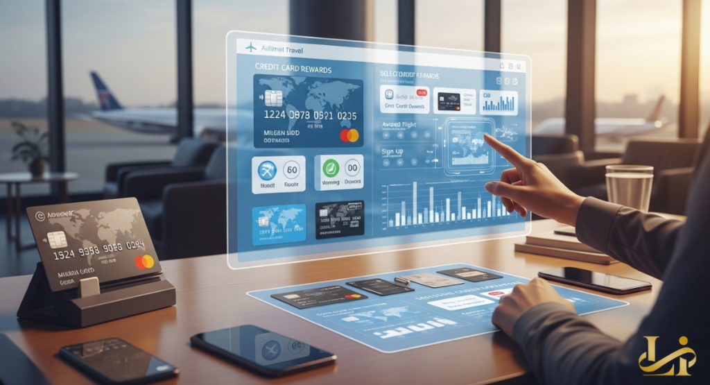 Hand points to a holographic dashboard comparing credit card rewards, sign-up bonuses, and airline partners