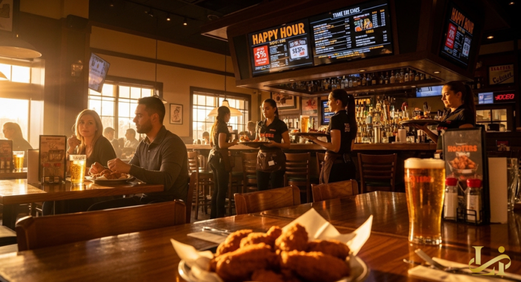 A wooden restaurant table featuring a large platter of chicken wings and a cold beverage under warm interior lighting.