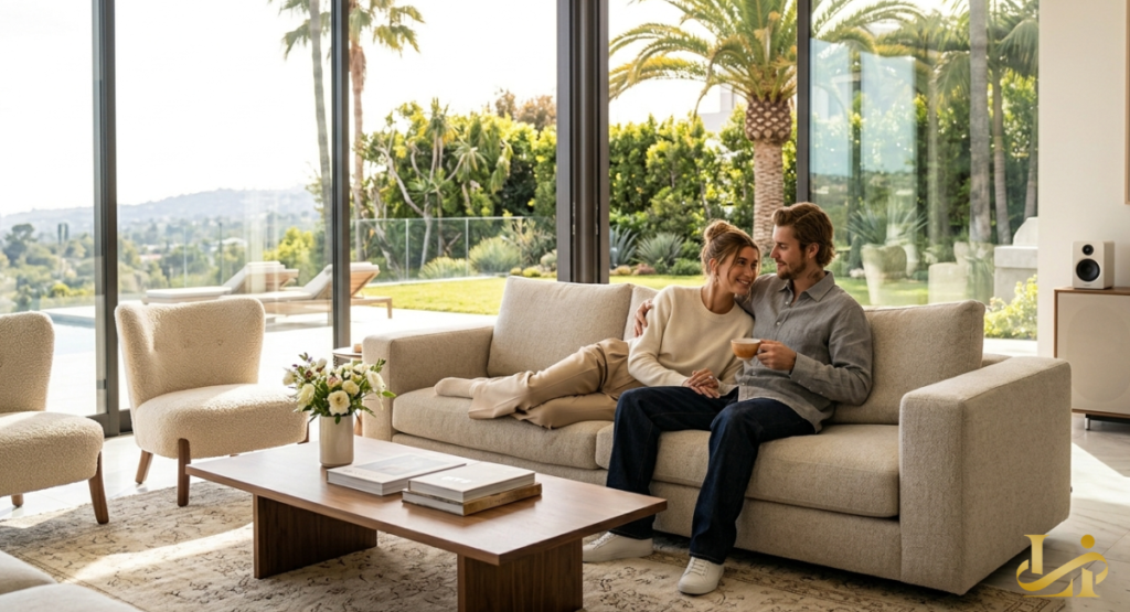 A man and a woman relax on a neutral-toned sofa inside a bright, modern living room with large glass doors. Lush green foliage and palm trees are visible in the garden outside.