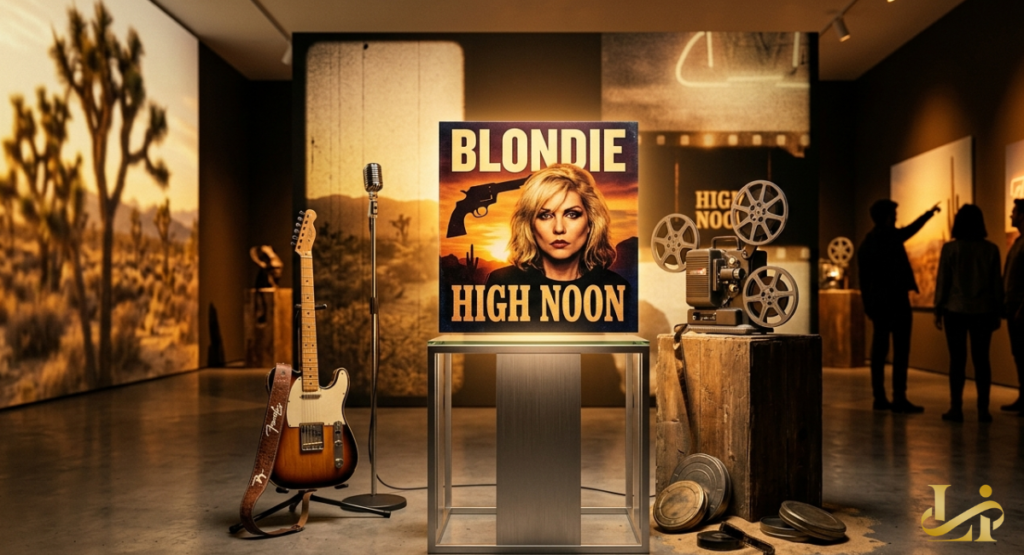 Blondie High Noon album cover on pedestal in gallery with desert film backdrop and guitar. Vintage film projector and reels frame the display as visitors view the cinematic exhibit.