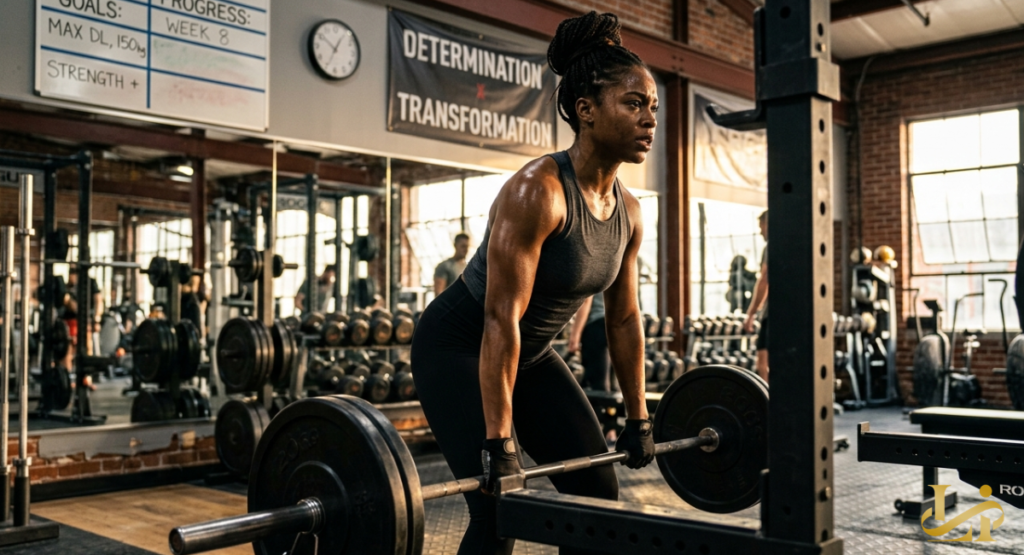 Woman in a gray tank top and leggings performs a barbell deadlift in a brick-walled gym under a banner reading “Determination & Transformation” with progress charts on the wall.