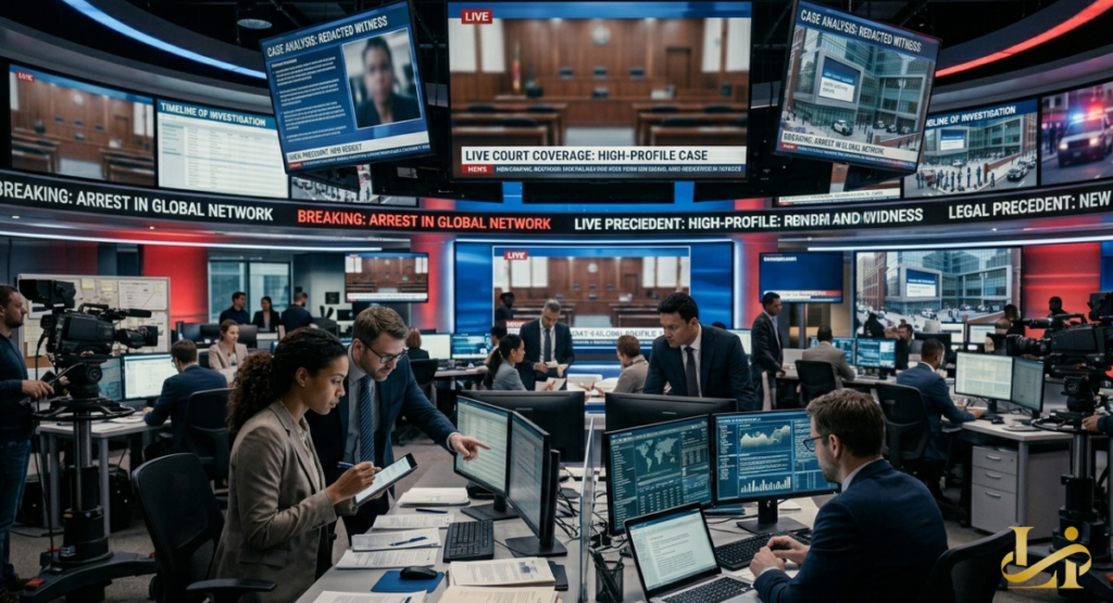 Multiple TV screens and monitors in a busy news production center, broadcasting live court coverage and analysis of a high-profile legal case.