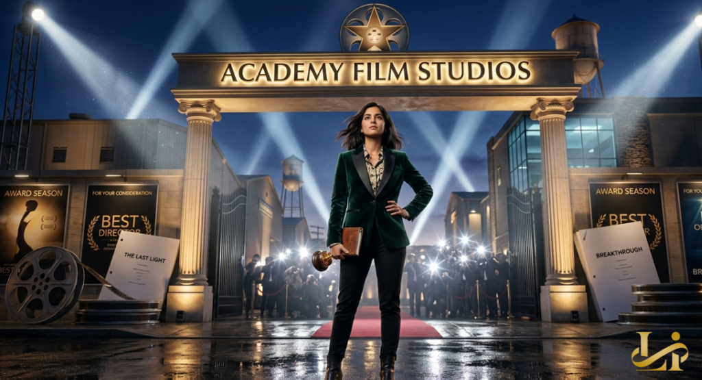 A young female director in a green velvet blazer stands triumphantly before the gates of Academy Film Studios.
