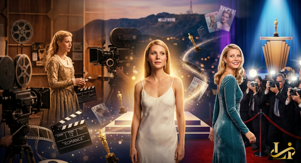 Composite collage shows a blonde actress in period costume, a white slip dress, and a teal gown on the red carpet, surrounded by film reels, Oscar statuettes, and Hollywood magazine covers.