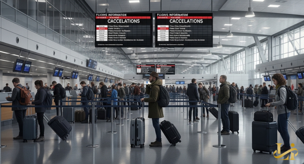 A long queue of passengers standing at a Canadian airport check-in counter beneath a large overhead sign announcing multiple flight cancellations.