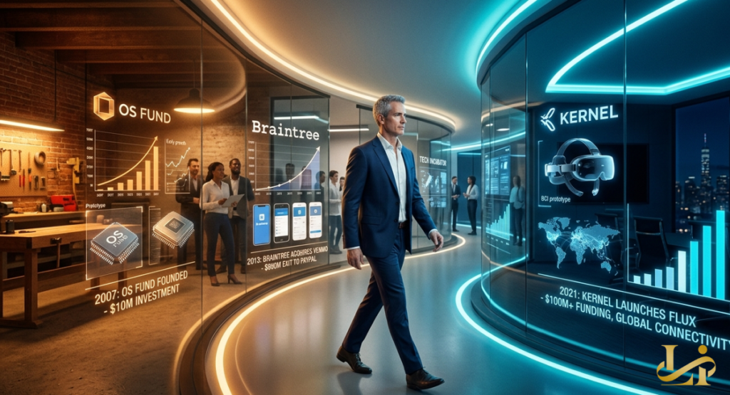 A diverse collage showcasing tech startup offices, successful boardroom meetings, and symbols of financial technology innovation. An entrepreneur leads a team discussion in a sunlit, contemporary workspace.