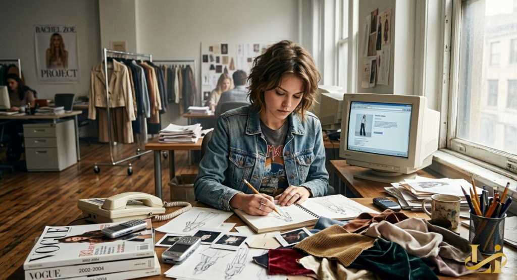A young woman with short brown hair sits at a cluttered wooden desk in a sunny office, focused on sketching fashion designs in a notebook. The desk is covered in fabric samples, Polaroid photos, and an old beige computer monitor.