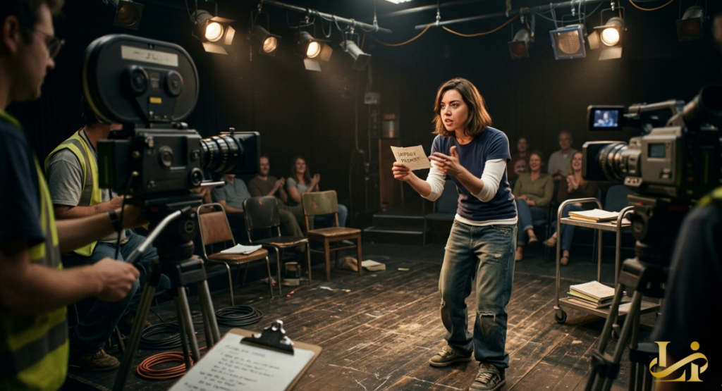An aspiring actress performing on a rustic wooden stage during a small theater production or improv class. She holds a piece of paper while gesturing toward an audience seated in folding chairs.