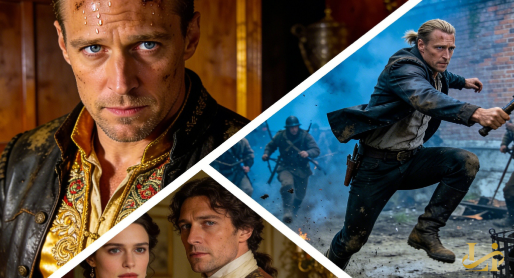 A split-screen collage of three dramatic roles in period and action settings.
Close-ups and a battle scene show intense expressions and rugged costumes.