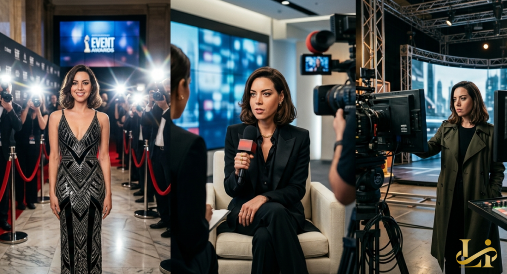 A side-by-side comparison of a woman in a dazzling black gown on a red carpet and a professional interview setting in a sleek office. She appears confident and poised in both high-pressure environments.