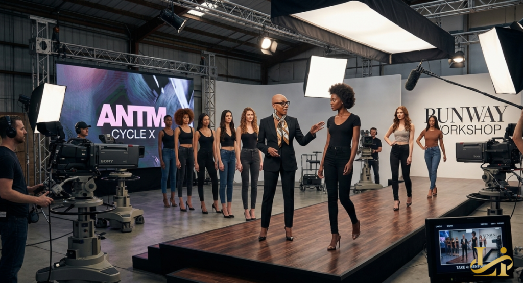 An experienced runway coach gestures toward a model during a workshop session for a television show.